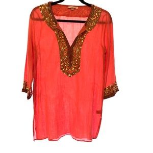 Calypso St Barth coral embroidered beaded Xs tunic